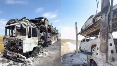 Автовоз с новыми машинами, направлявшийся в Россию, сгорел на трассе в Жамбылской области 